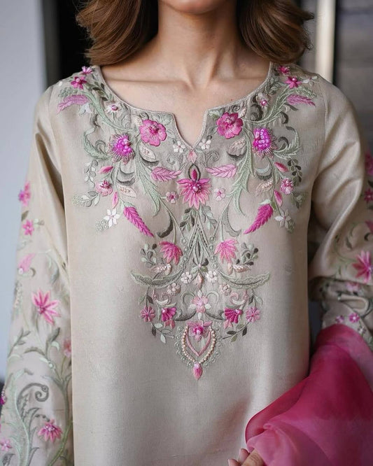 Radiant Beige Embroidered Suit with Pink Dupatta