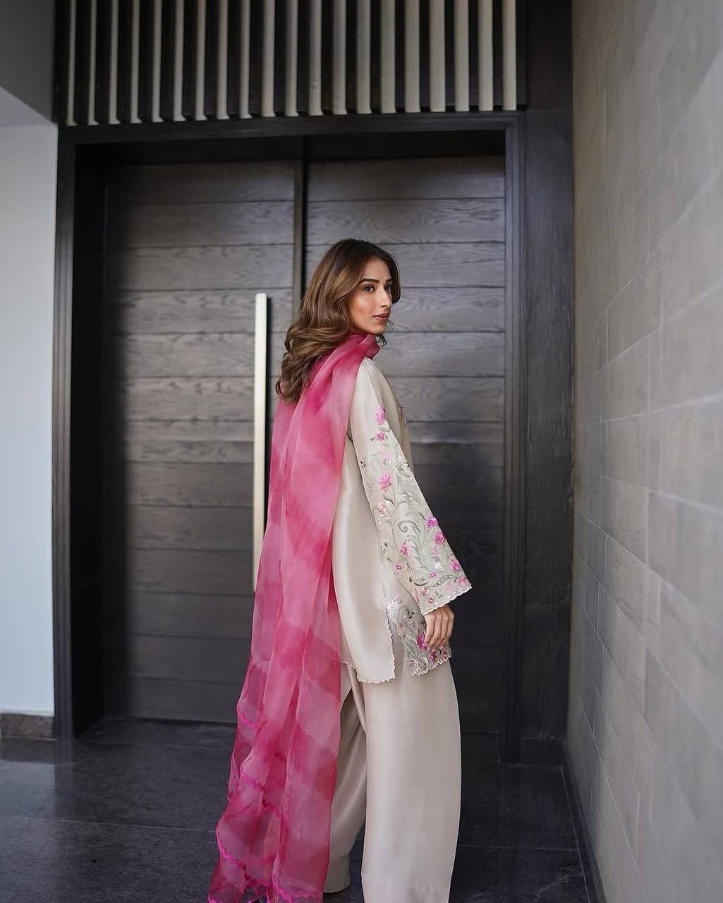 Radiant Beige Embroidered Suit with Pink Dupatta