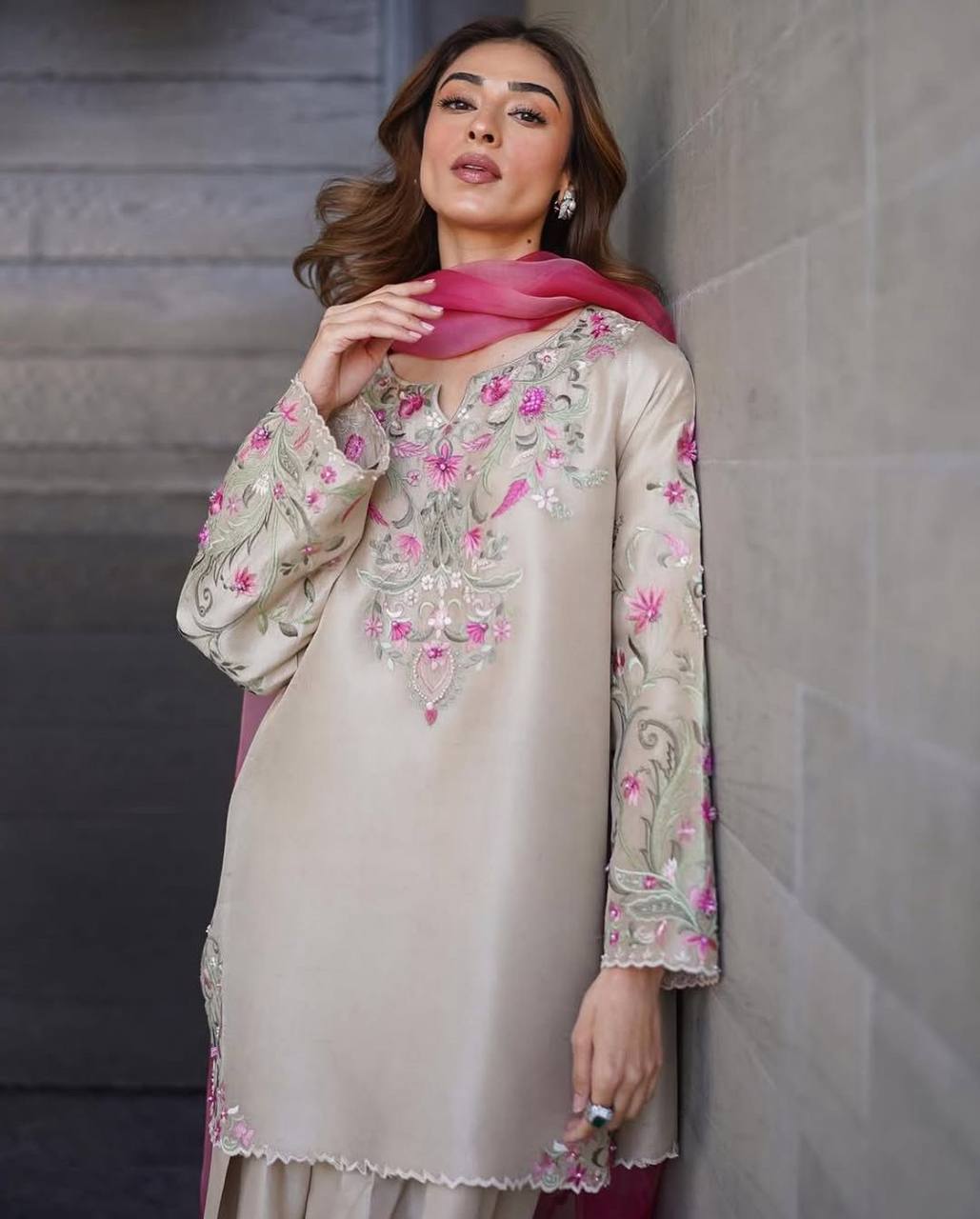 Radiant Beige Embroidered Suit with Pink Dupatta
