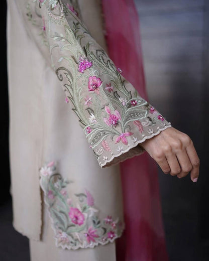 Radiant Beige Embroidered Suit with Pink Dupatta