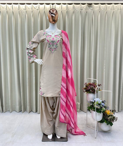 Radiant Beige Embroidered Suit with Pink Dupatta