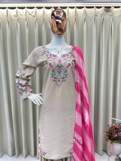Radiant Beige Embroidered Suit with Pink Dupatta