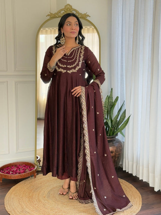 Maroon Embroidered Flared Anarkali Suit Set