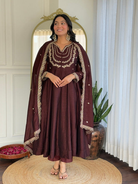 Maroon Embroidered Flared Anarkali Suit Set