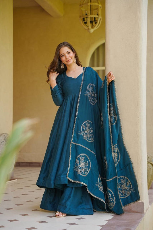 Trendy Teal Blue Embroidered Anarkali Suit Set with Designer Dupatta