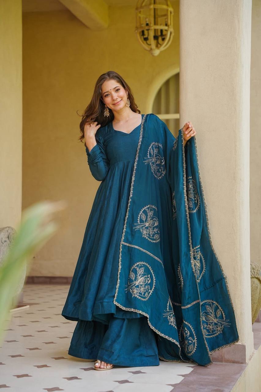 Trendy Teal Blue Embroidered Anarkali Suit Set with Designer Dupatta