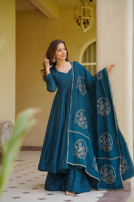 Trendy Teal Blue Embroidered Anarkali Suit Set with Designer Dupatta