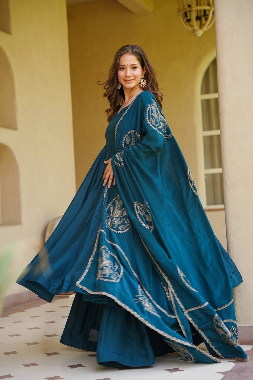 Trendy Teal Blue Embroidered Anarkali Suit Set with Designer Dupatta