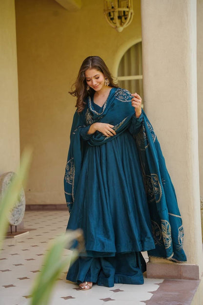 Trendy Teal Blue Embroidered Anarkali Suit Set with Designer Dupatta