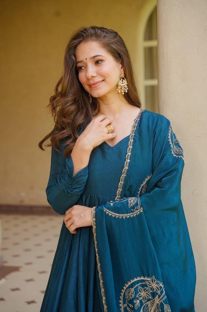 Trendy Teal Blue Embroidered Anarkali Suit Set with Designer Dupatta