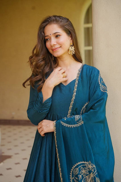 Trendy Teal Blue Embroidered Anarkali Suit Set with Designer Dupatta