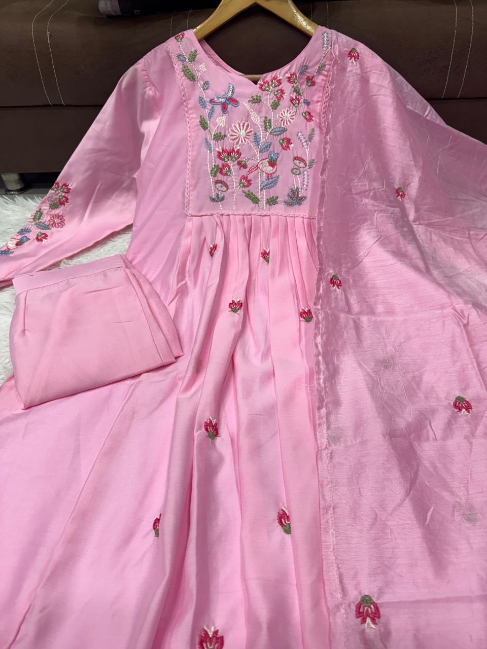 Pastel Pink Embroidered Flared Anarkali Suit Set