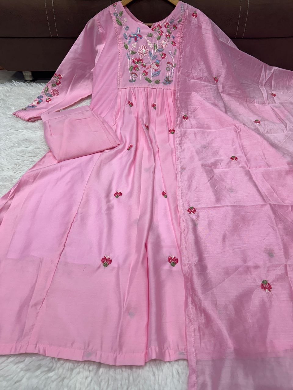 Pastel Pink Embroidered Flared Anarkali Suit Set