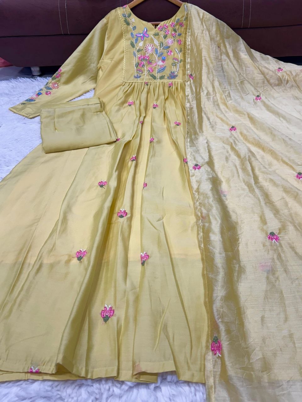 Lemon Bloom Embroidered Flared Anarkali Suit Set