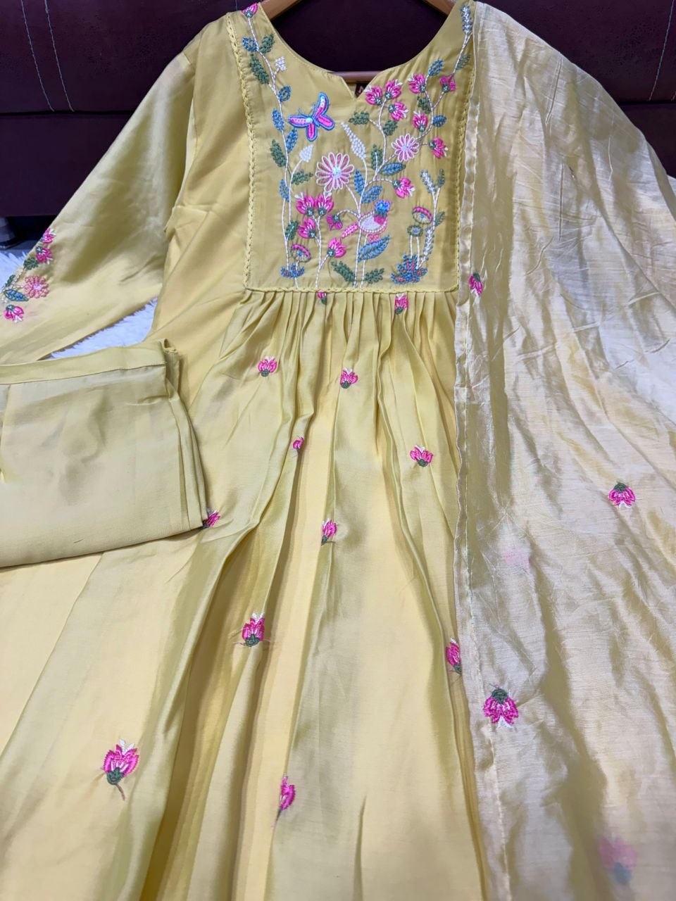 Lemon Bloom Embroidered Flared Anarkali Suit Set