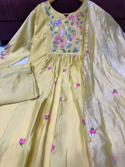 Lemon Bloom Embroidered Flared Anarkali Suit Set