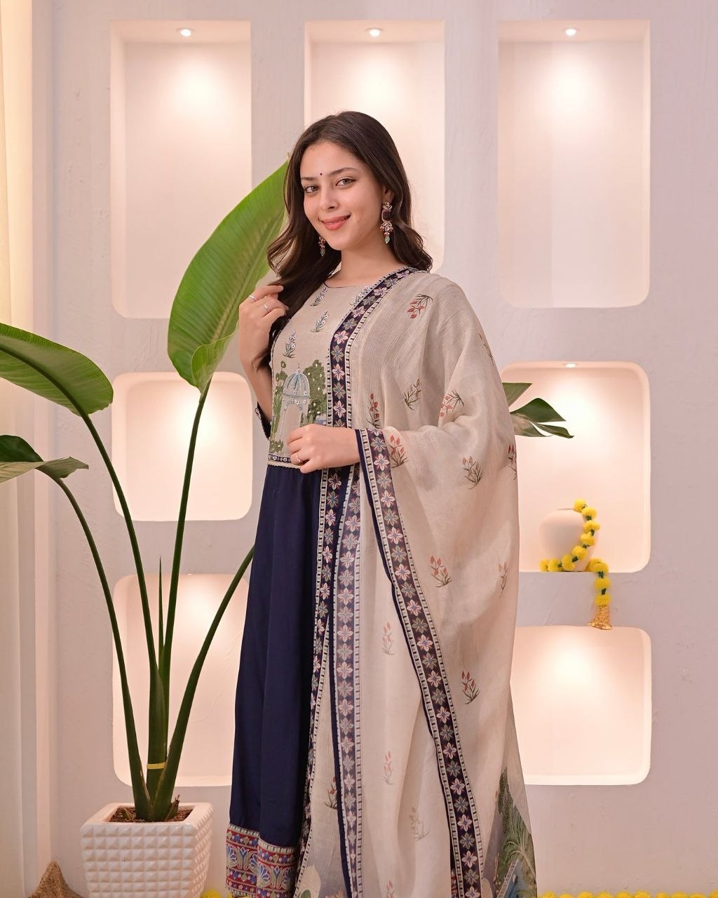 Elegant Navy Blue Embroidered Kurta Pant Set with Printed Dupatta for Women