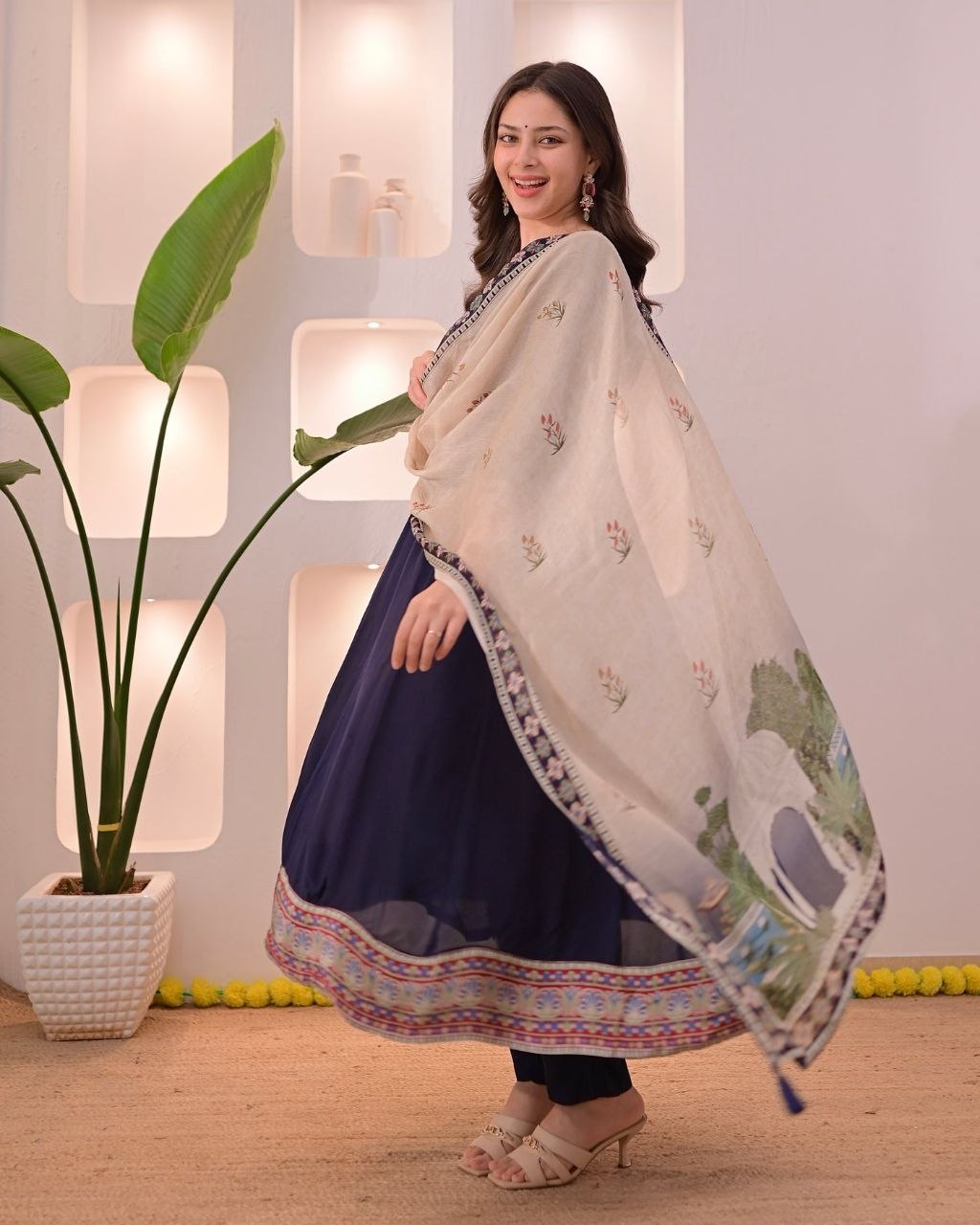 Elegant Navy Blue Embroidered Kurta Pant Set with Printed Dupatta for Women