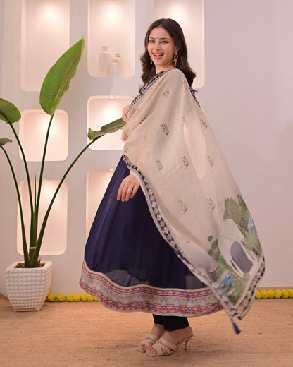 Elegant Navy Blue Embroidered Kurta Pant Set with Printed Dupatta for Women