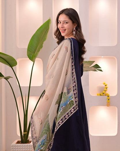 Elegant Navy Blue Embroidered Kurta Pant Set with Printed Dupatta for Women