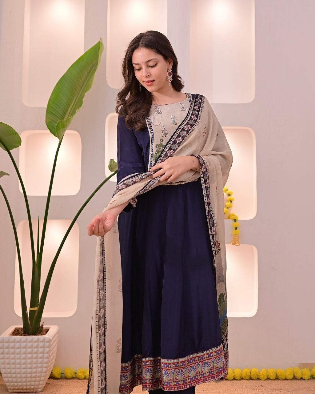 Elegant Navy Blue Embroidered Kurta Pant Set with Printed Dupatta for Women
