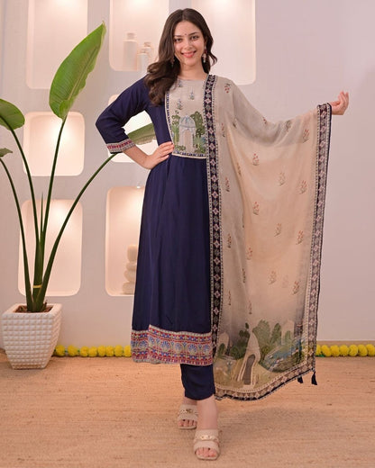 Elegant Navy Blue Embroidered Kurta Pant Set with Printed Dupatta for Women