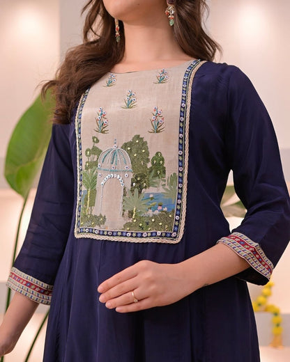Elegant Navy Blue Embroidered Kurta Pant Set with Printed Dupatta for Women