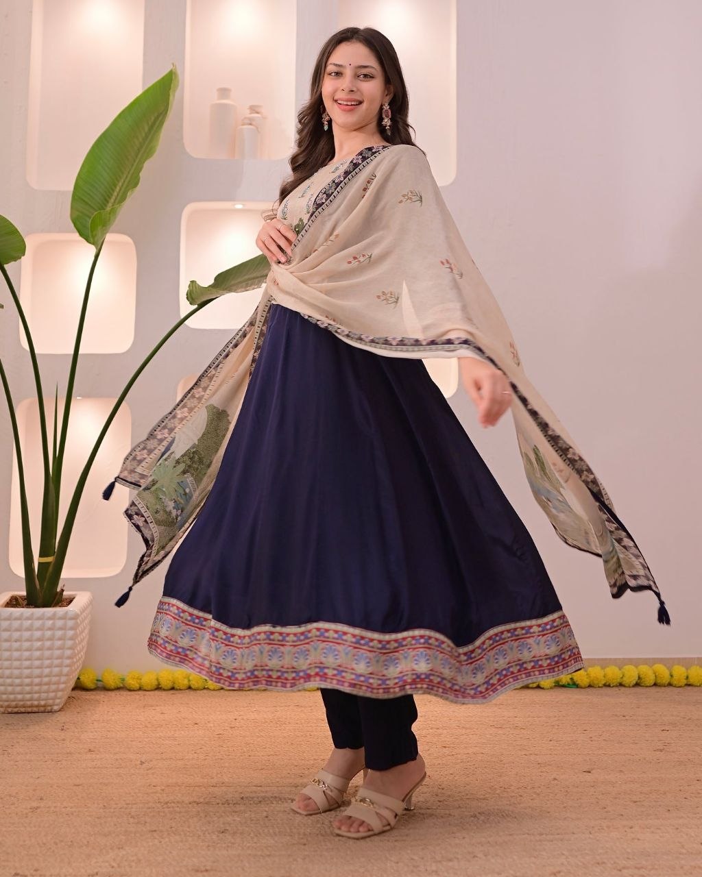 Elegant Navy Blue Embroidered Kurta Pant Set with Printed Dupatta for Women