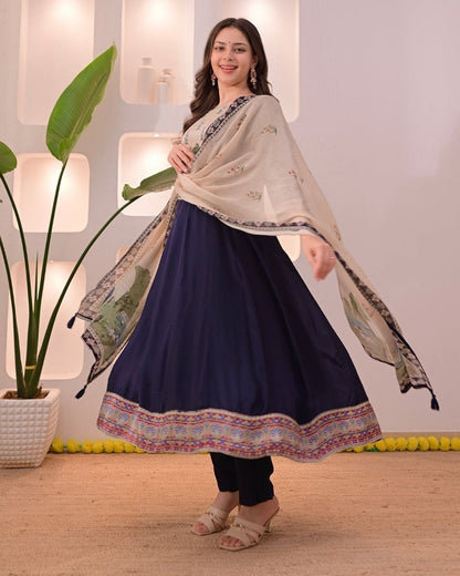Elegant Navy Blue Embroidered Kurta Pant Set with Printed Dupatta for Women
