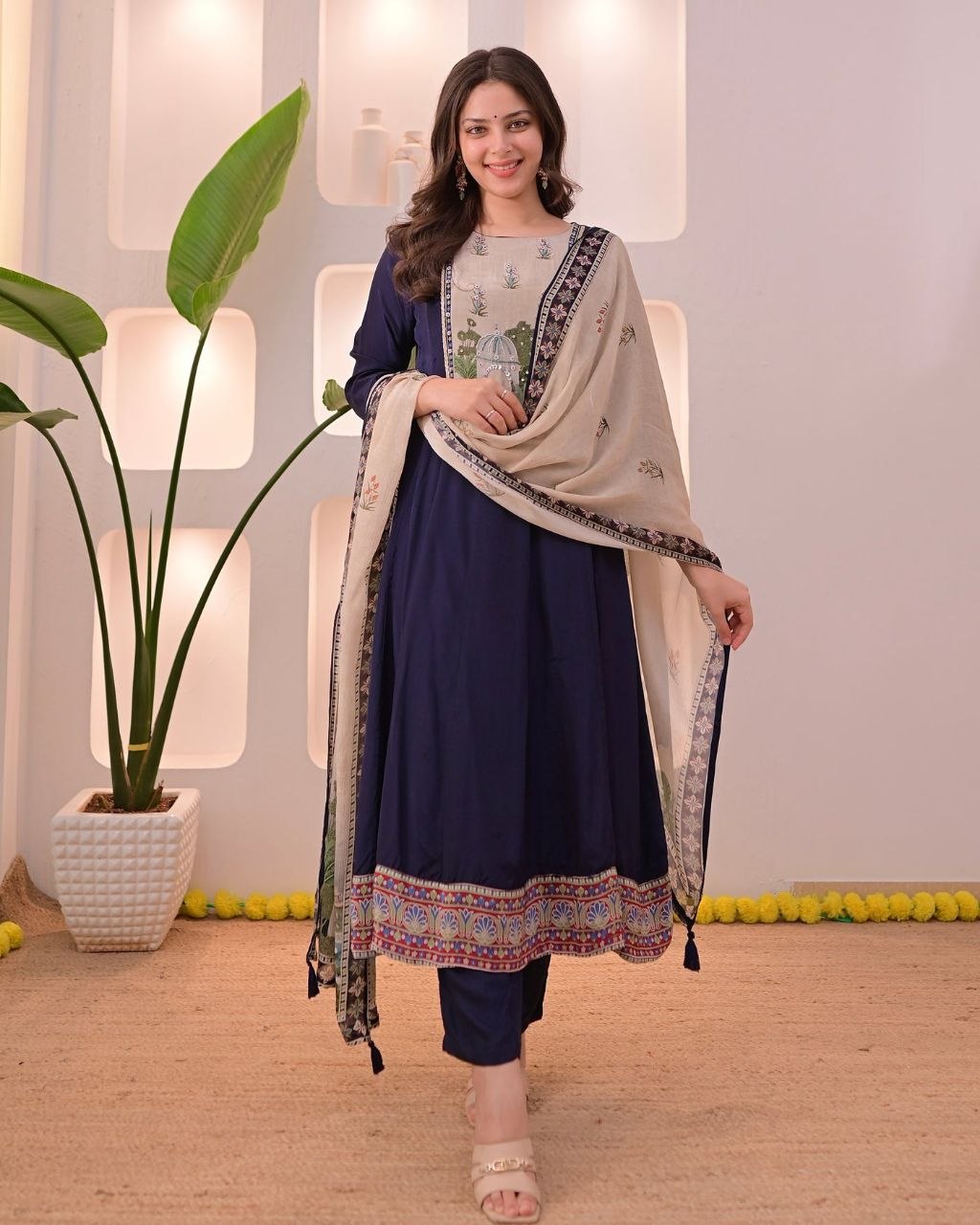 Elegant Navy Blue Embroidered Kurta Pant Set with Printed Dupatta for Women
