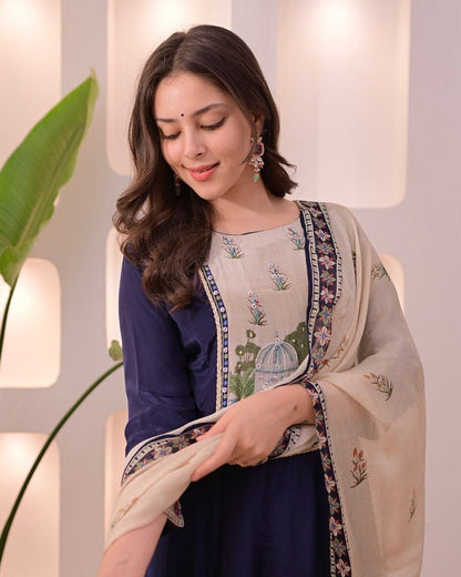 Elegant Navy Blue Embroidered Kurta Pant Set with Printed Dupatta for Women
