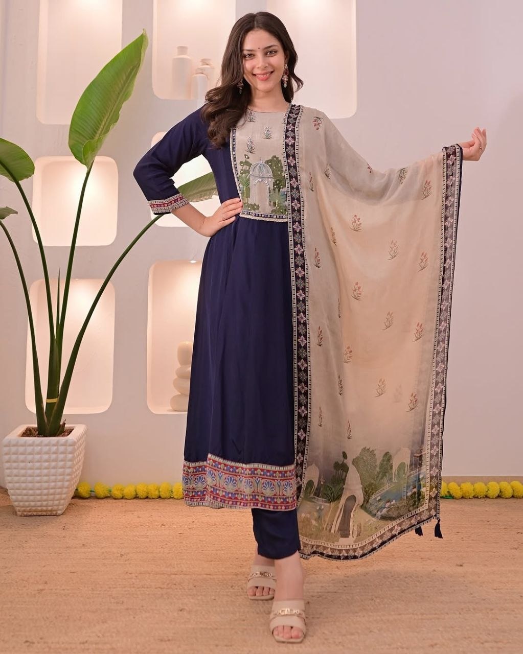 Elegant Navy Blue Embroidered Kurta Pant Set with Printed Dupatta for Women