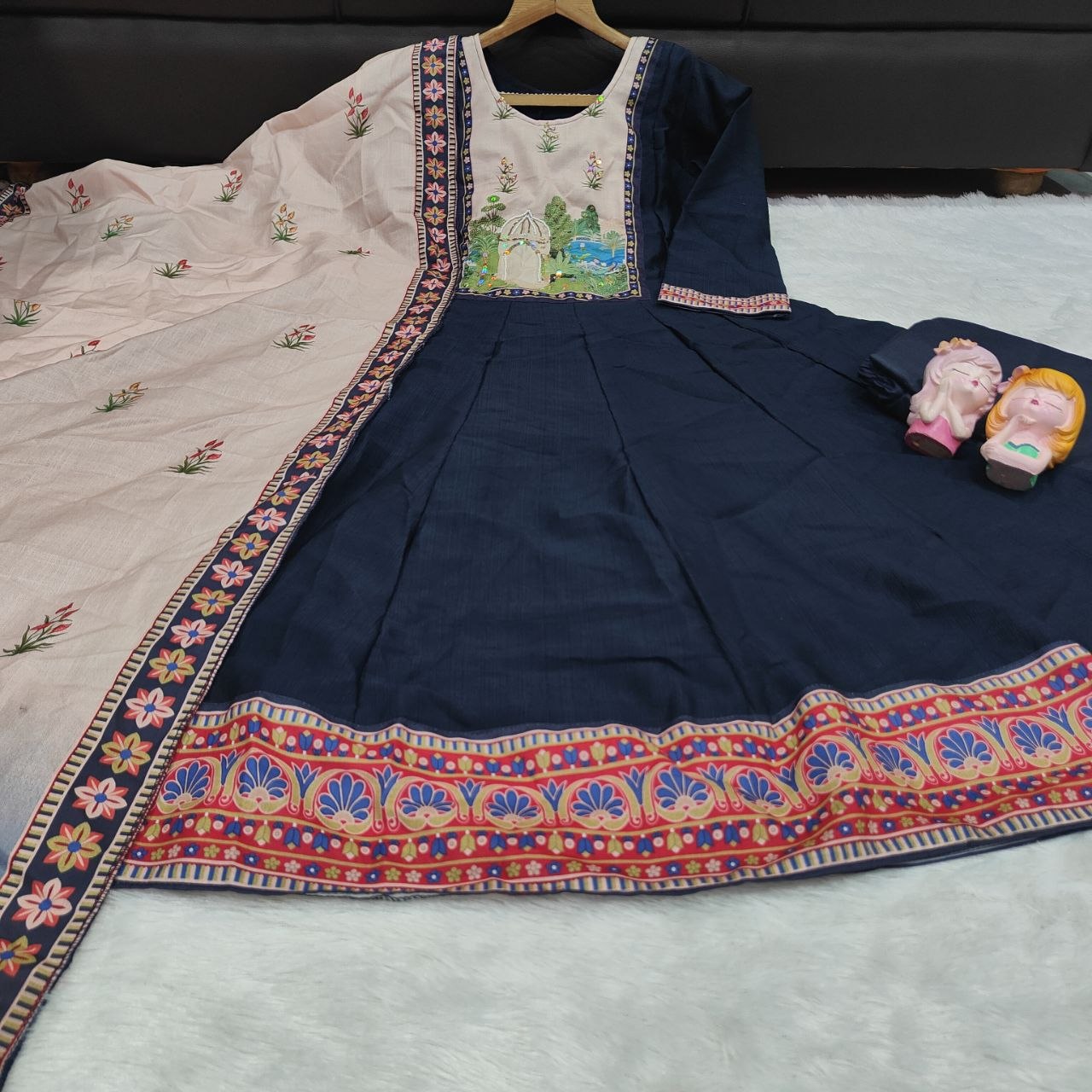 Elegant Navy Blue Embroidered Kurta Pant Set with Printed Dupatta for Women