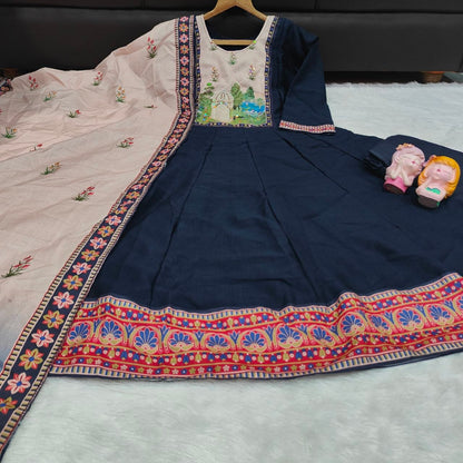 Elegant Navy Blue Embroidered Kurta Pant Set with Printed Dupatta for Women
