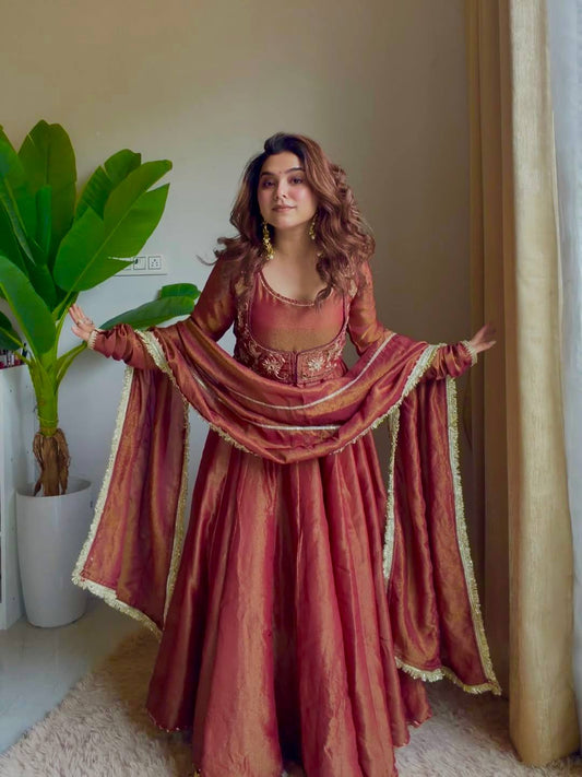 Regal Maroon Embroidered Anarkali Gown with Matching Dupatta and koti work