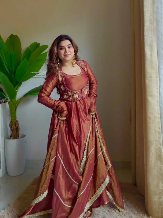 Regal Maroon Embroidered Anarkali Gown with Matching Dupatta and koti work