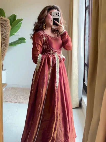 Regal Maroon Embroidered Anarkali Gown with Matching Dupatta and koti work