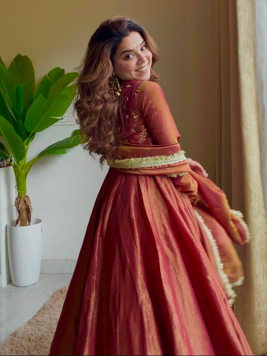 Regal Maroon Embroidered Anarkali Gown with Matching Dupatta and koti work