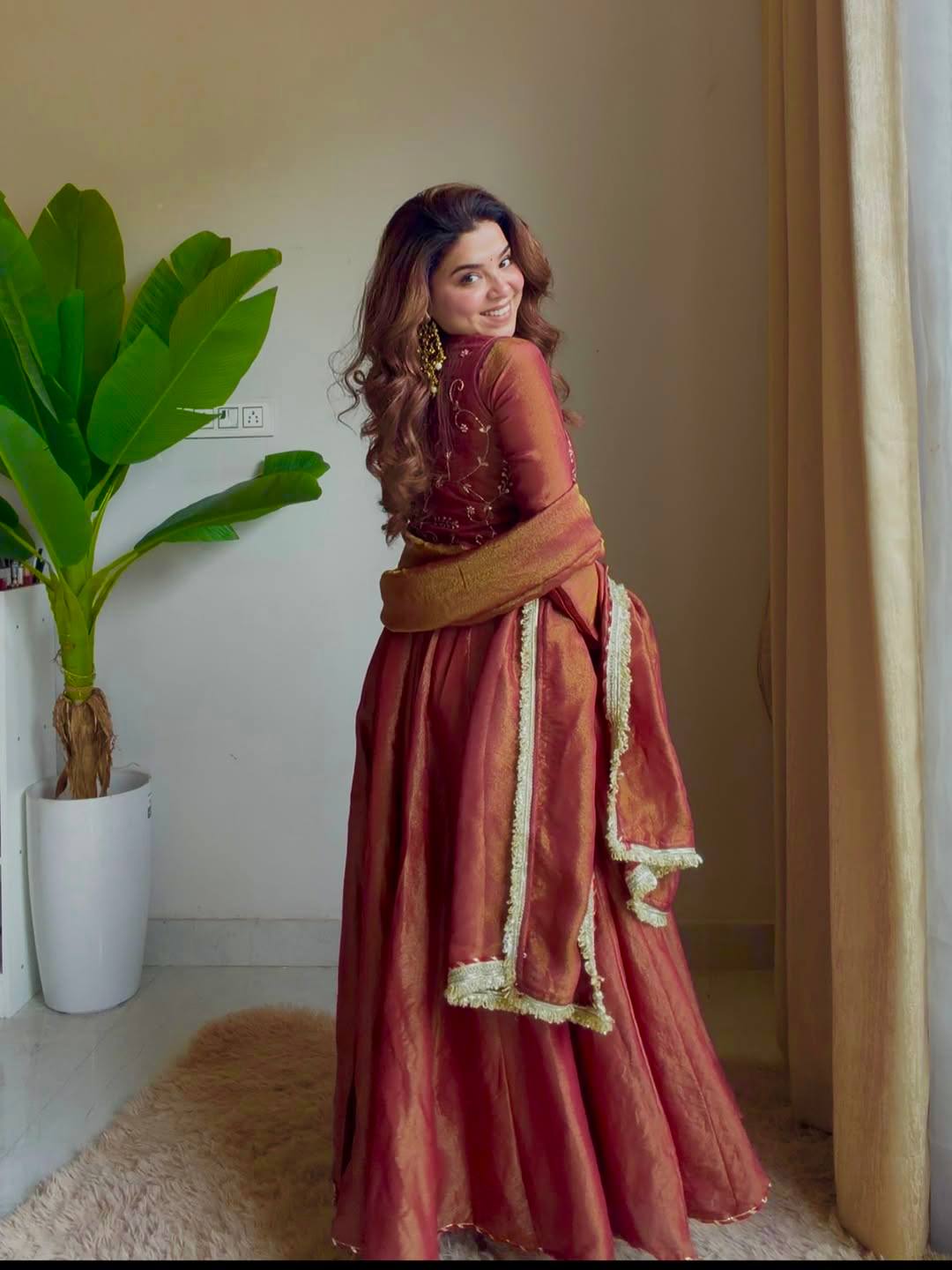 Regal Maroon Embroidered Anarkali Gown with Matching Dupatta and koti work