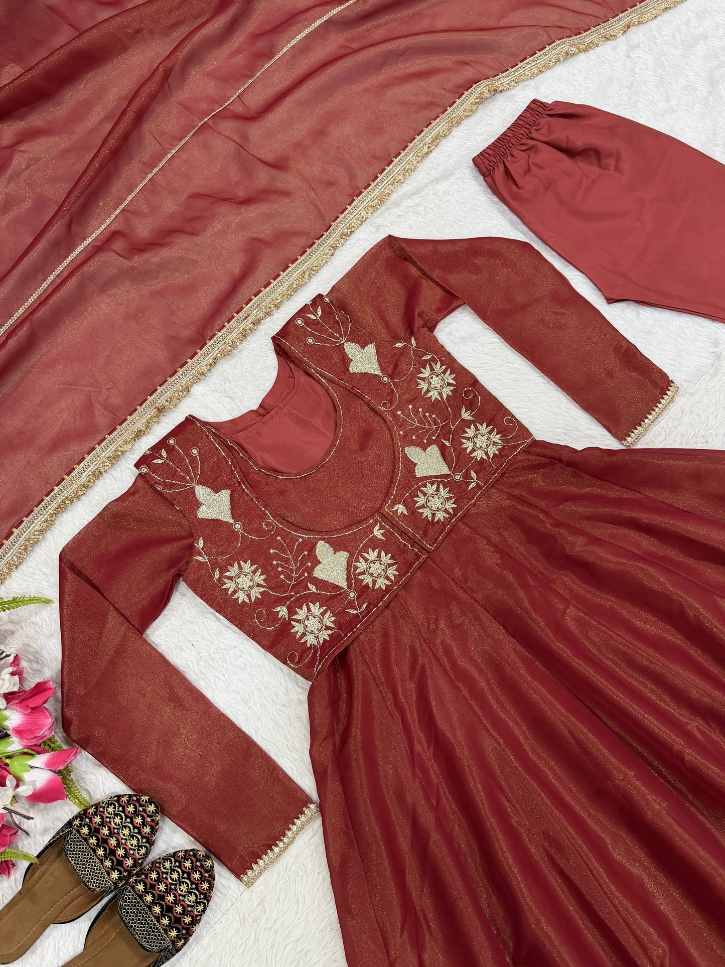 Regal Maroon Embroidered Anarkali Gown with Matching Dupatta and koti work