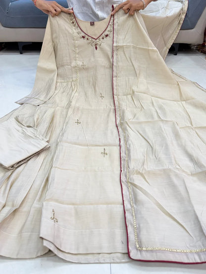 Cream Elegance Embroidered Flared Anarkali Set