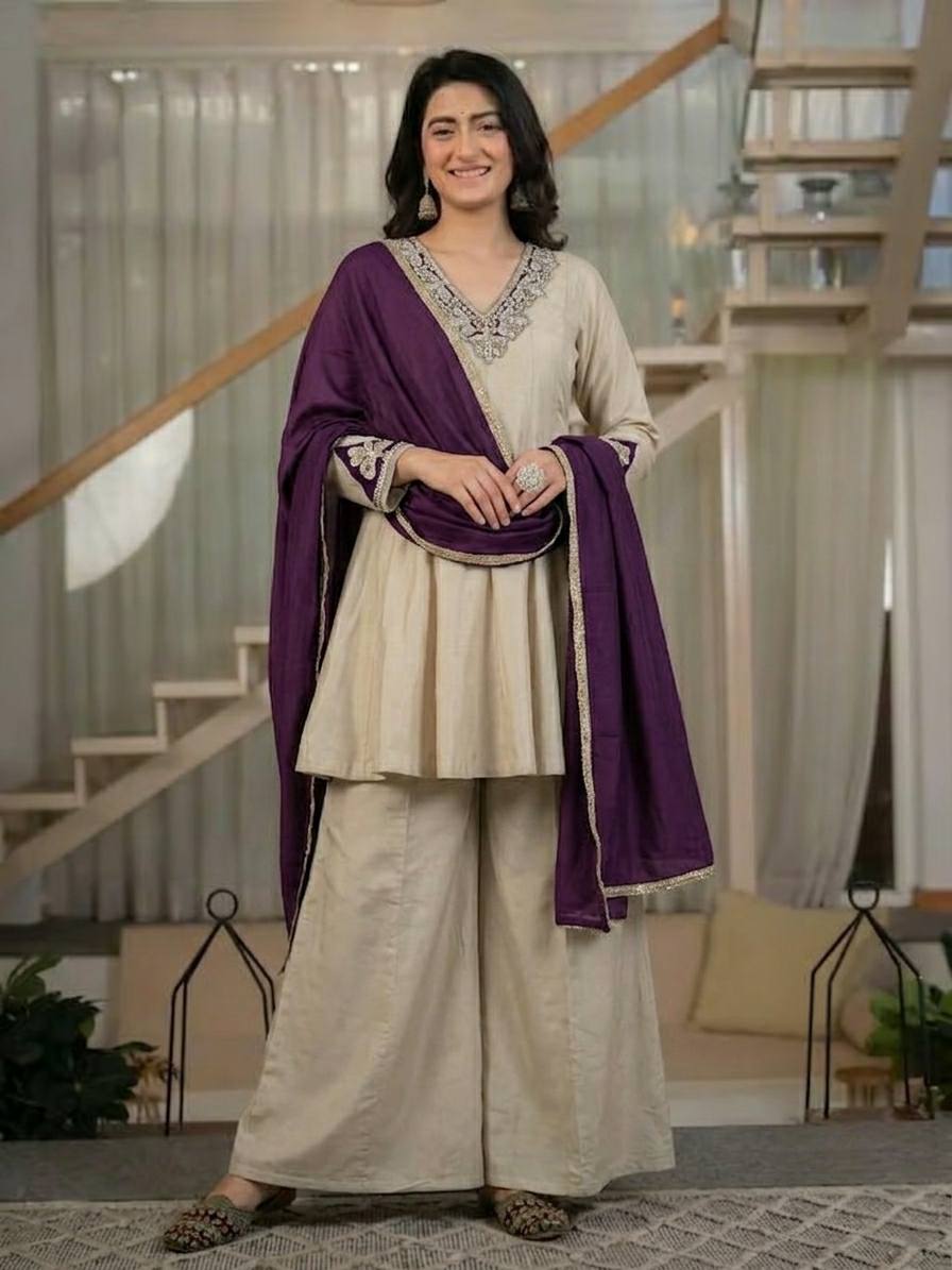 Elegant Beige Peplum Kurta with Palazzo and Deep Purple Dupatta Set