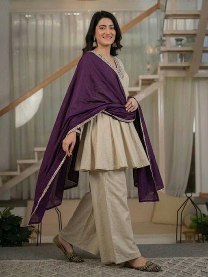 Elegant Beige Peplum Kurta with Palazzo and Deep Purple Dupatta Set