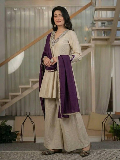 Elegant Beige Peplum Kurta with Palazzo and Deep Purple Dupatta Set