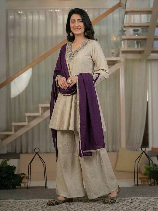 Elegant Beige Peplum Kurta with Palazzo and Deep Purple Dupatta Set
