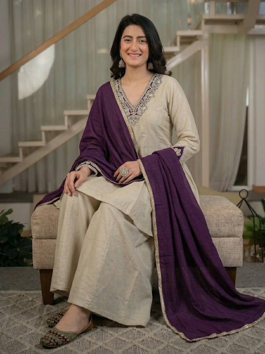 Elegant Beige Peplum Kurta with Palazzo and Deep Purple Dupatta Set