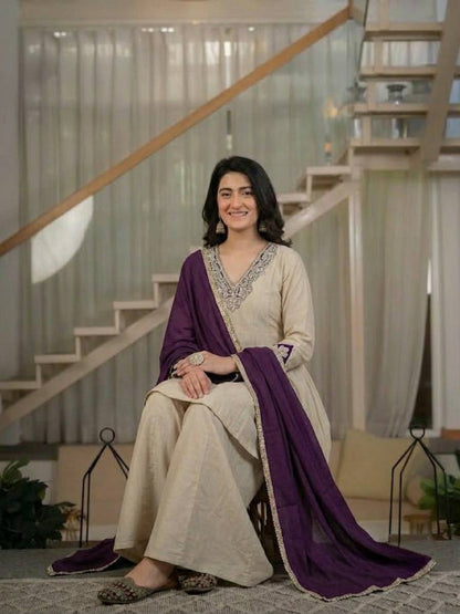 Elegant Beige Peplum Kurta with Palazzo and Deep Purple Dupatta Set