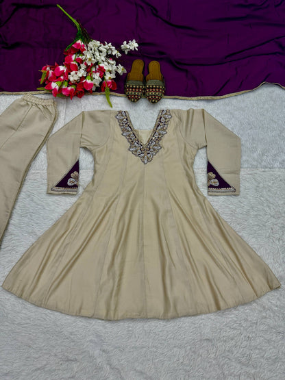 Elegant Beige Peplum Kurta with Palazzo and Deep Purple Dupatta Set
