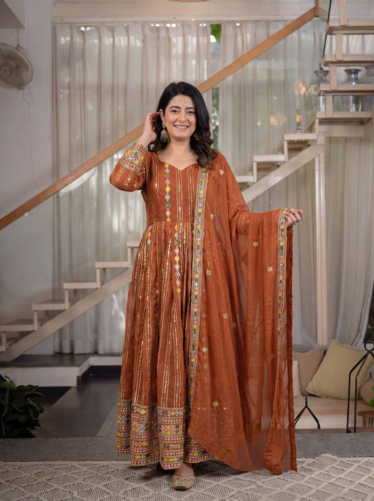 Graceful Rust Brown Embroidered Anarkali Suit Set with Designer Dupatta