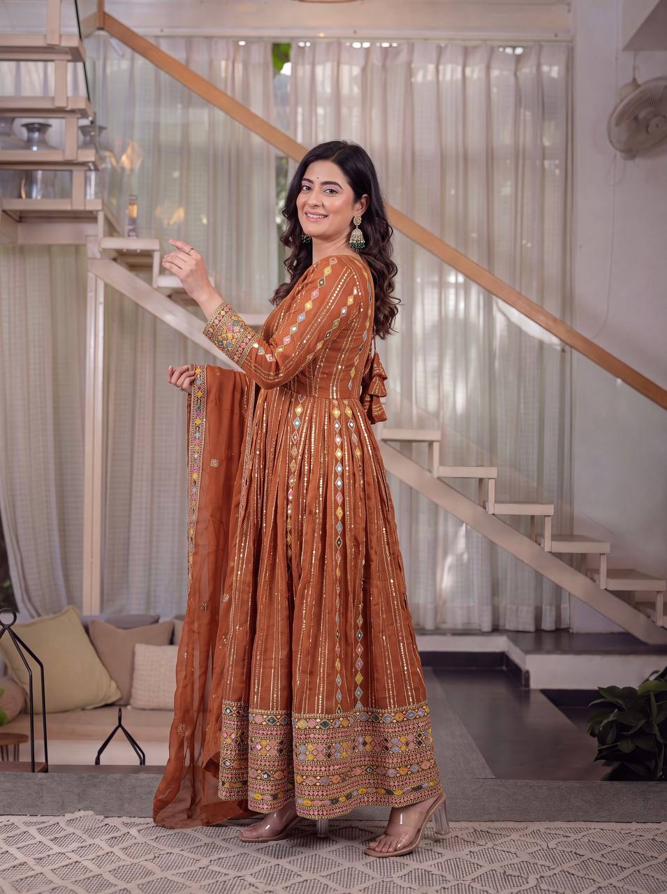 Graceful Rust Brown Embroidered Anarkali Suit Set with Designer Dupatta